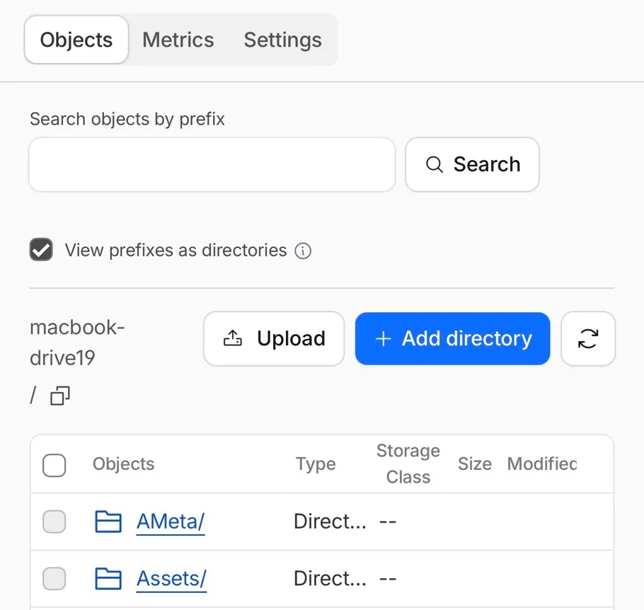 The bucket behind the drive in the Cloudflare R2 dashboard, with its folders