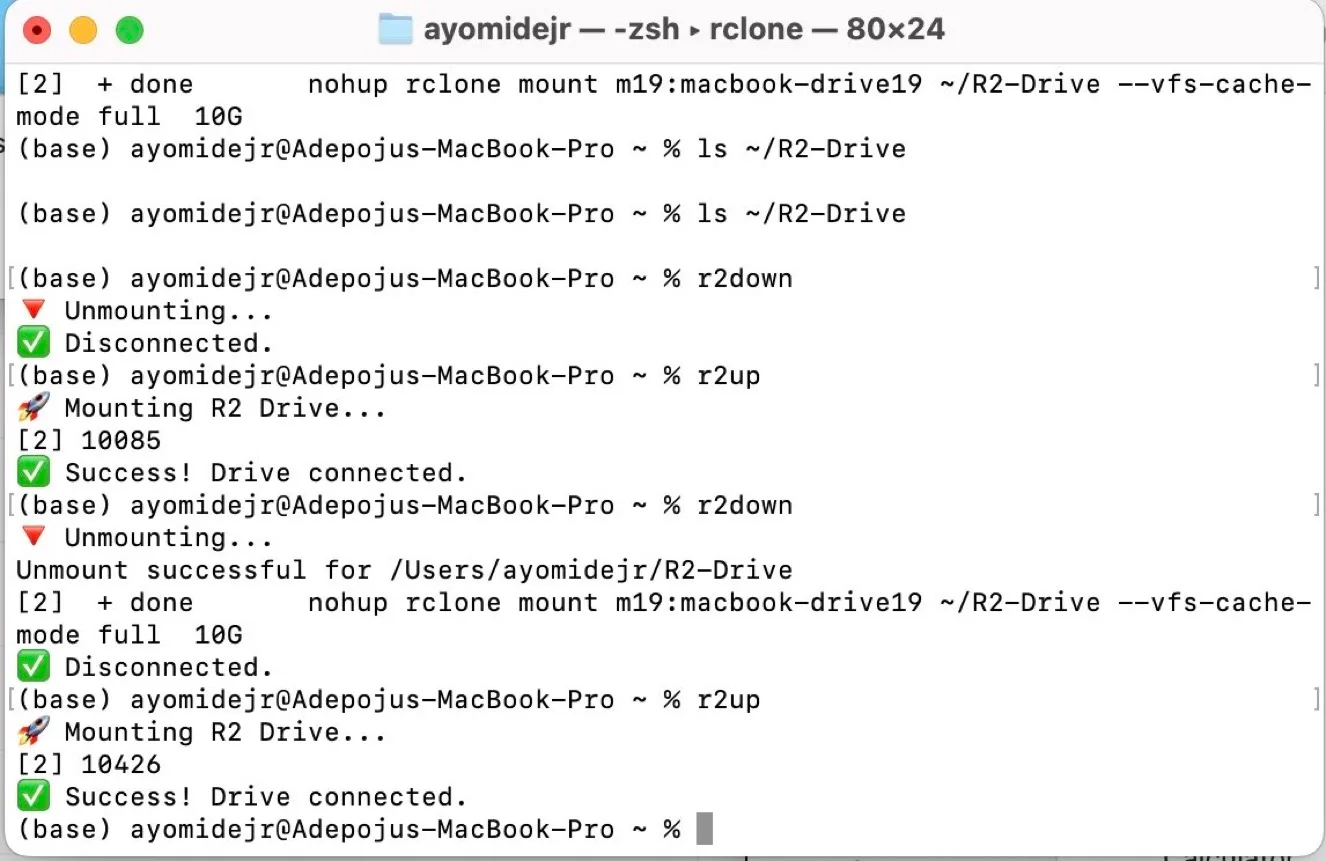 Terminal: r2down unmounts the drive and r2up mounts it again